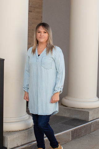 Rolled Sleeve Chambray Pinstripe Shirt Dress - JQ Clothing Co. 