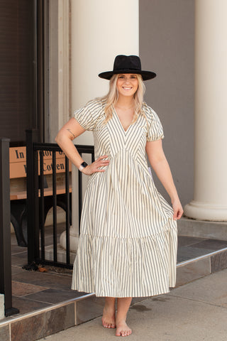 V-Neck Stripe Tiered Midi Dress | JQ Clothing Co.