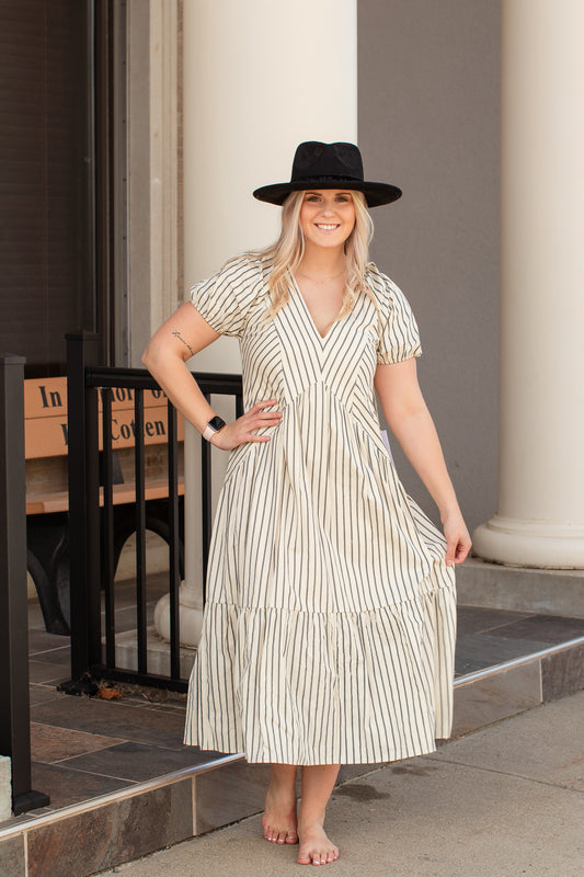 V-Neck Stripe Tiered Midi Dress | JQ Clothing Co.