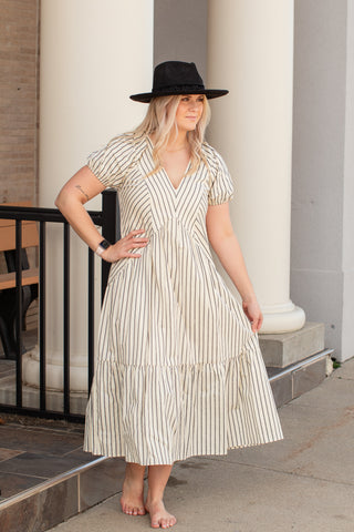 V-Neck Stripe Tiered Midi Dress | JQ Clothing Co.