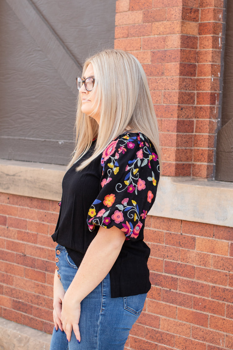 Embroidered Sleeve Black Blouse