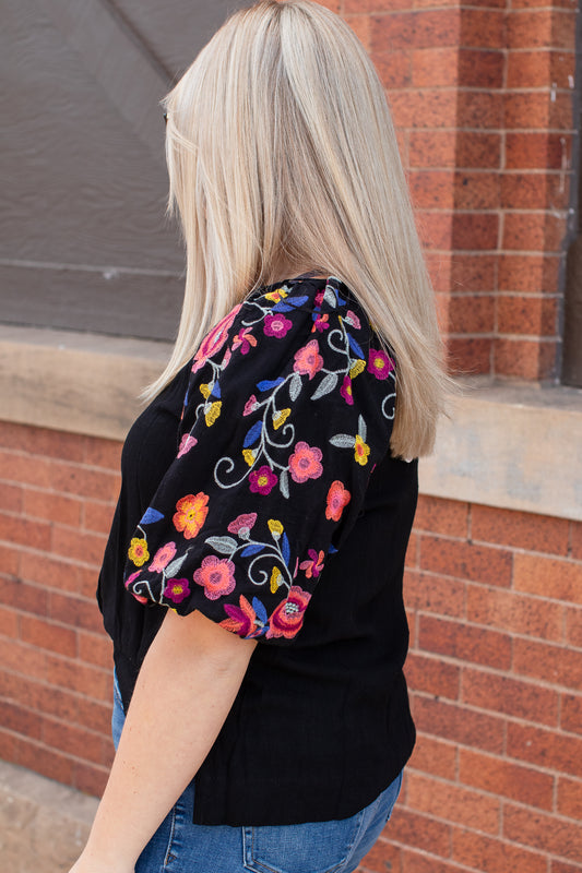 Embroidered Sleeve Black Blouse