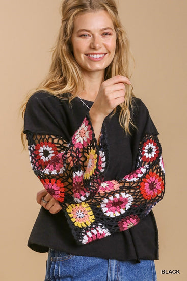 Crochet Sleeve Black Terry Top | JQ Clothing Co.