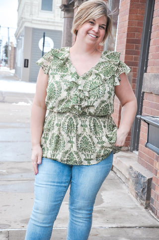 Kelly Green Printed Ruffle Top