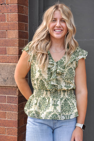 Kelly Green Printed Ruffle Top