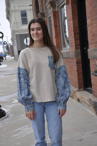 Khaki LS Print Mix Thermal Pullover