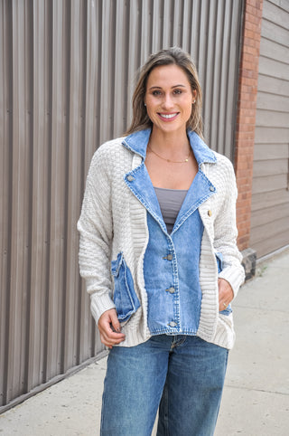 Knit Body Denim Layered Jacket
