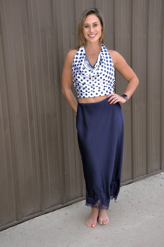 Lace Applique Satin Bias Midi Skirt