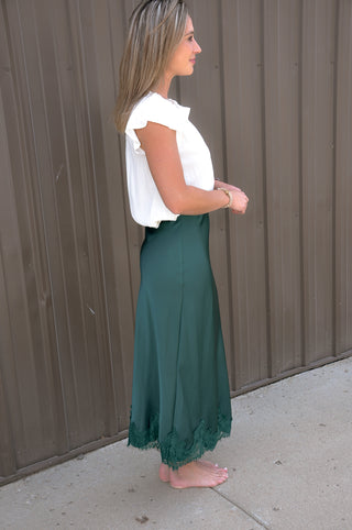 Lace Applique Satin Bias Midi Skirt