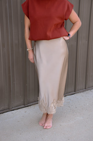 Lace Applique Satin Bias Midi Skirt