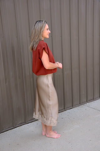 Lace Applique Satin Bias Midi Skirt