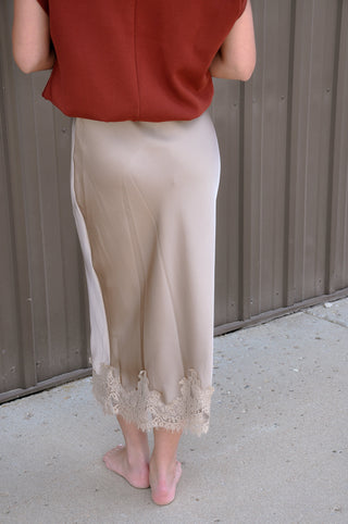 Lace Applique Satin Bias Midi Skirt