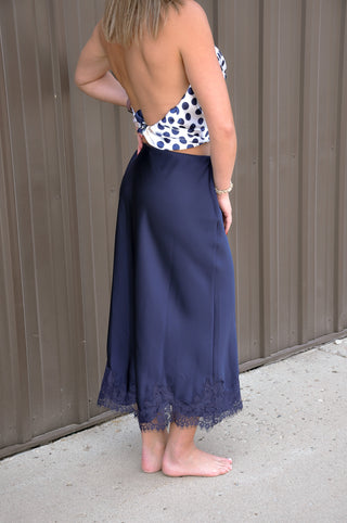 Lace Applique Satin Bias Midi Skirt