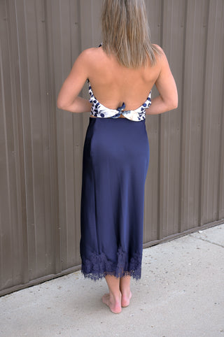 Lace Applique Satin Bias Midi Skirt