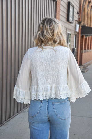 Lace Button-Front Blouse with Bell Cuffs