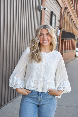Lace Button-Front Blouse with Bell Cuffs