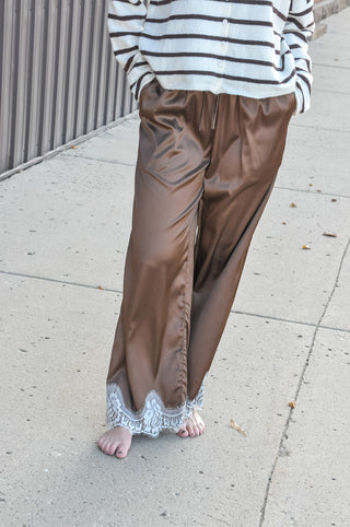 Lace Hem Satin Wide-Leg Pants