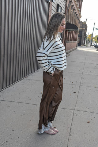 Lace Hem Satin Wide-Leg Pants