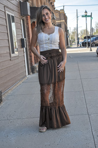 Lace Insert Satin Maxi Skirt