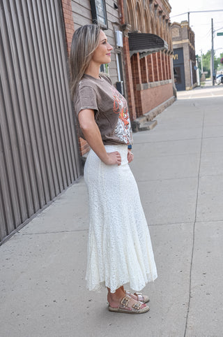 Lace Pattern Godet Midi Skirt, view 3