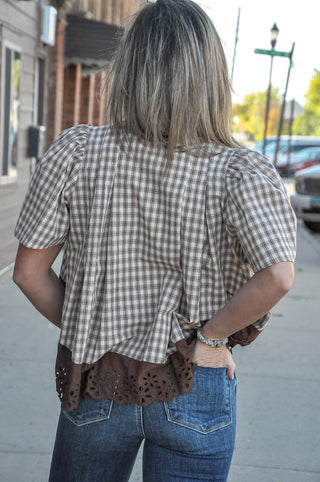 Lace Trim Check Flutter Blouse