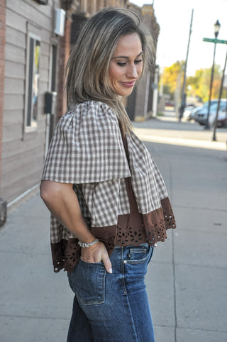 Lace Trim Check Flutter Blouse