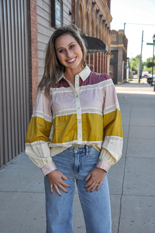 Lace Trim Color Block Button Up Top