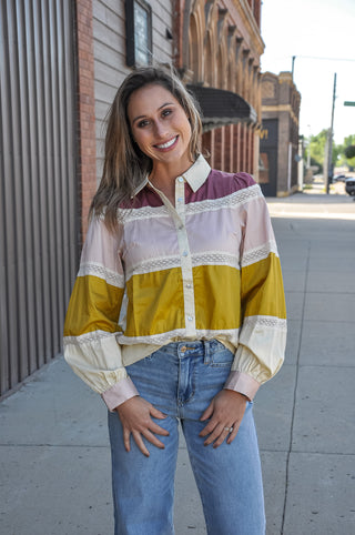 Lace Trim Color Block Button Up Top