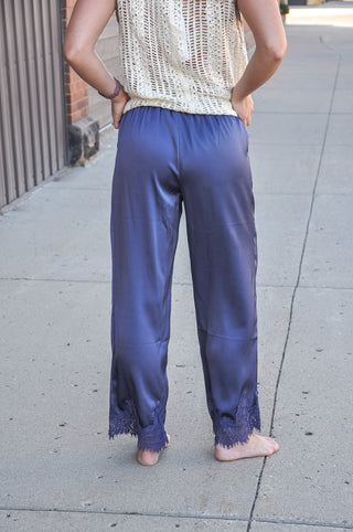 Dusty Blue Lace Trim Wide Leg Elastic Waist Pants