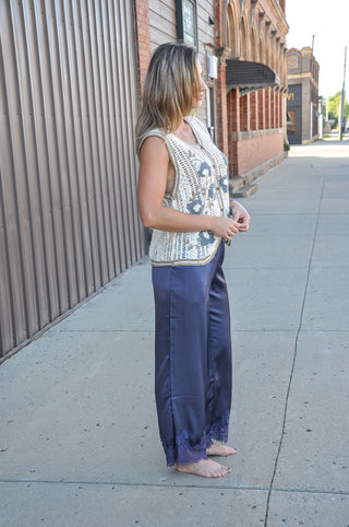 Dusty Blue Lace Trim Wide Leg Elastic Waist Pants