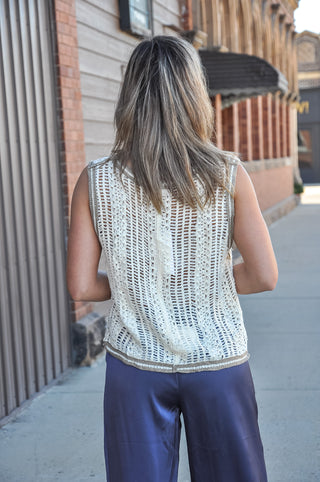 Latte Blue Floral Embo Patch Crochet Vest
