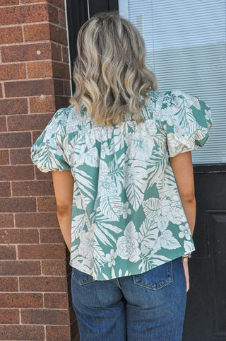 Leaf Print Ruffled Neck Blouse