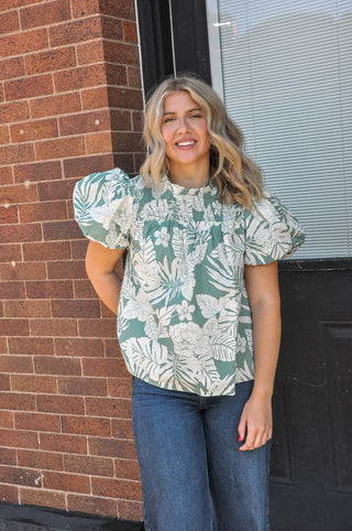 Leaf Print Ruffled Neck Blouse