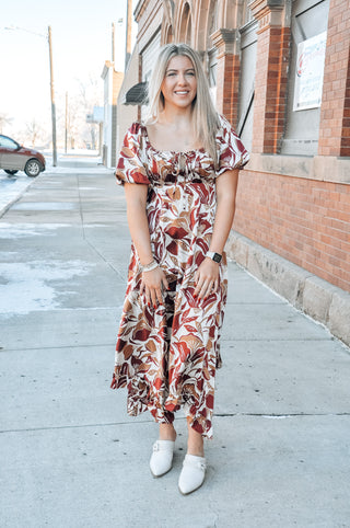 Leaf Printed Square Neck Dress