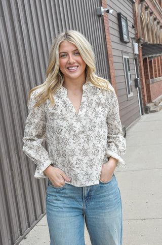 Leaf Split Neck Blouse with Ruffle Cuffs