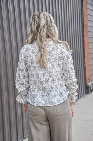 Leaf Split Neck Blouse with Ruffle Cuffs