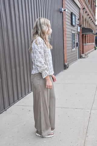 Leaf Split Neck Blouse with Ruffle Cuffs
