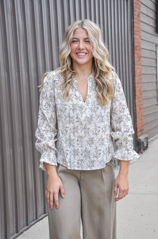 Leaf Split Neck Blouse with Ruffle Cuffs