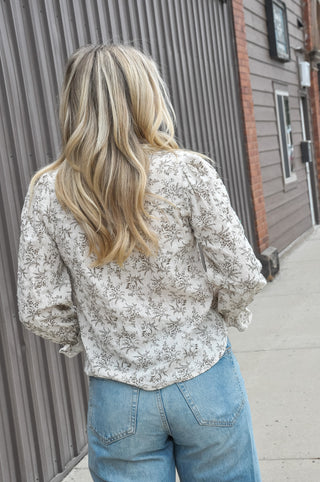 Leaf Split Neck Blouse with Ruffle Cuffs