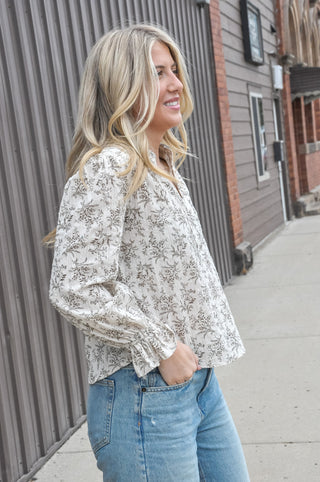 Leaf Split Neck Blouse with Ruffle Cuffs