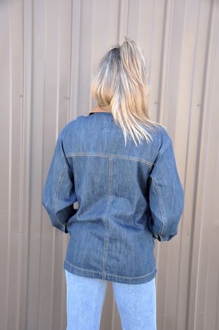 Leather Collar Contrast Oversized Denim