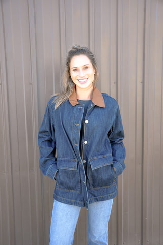 Leather Collar Contrast Oversized Denim