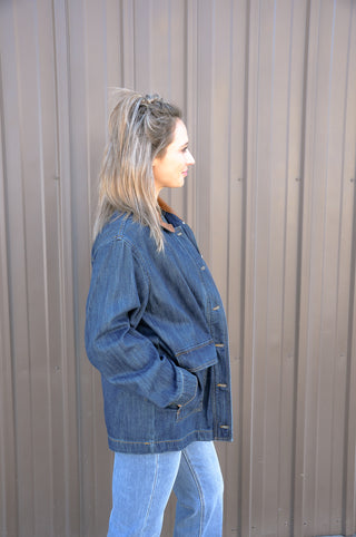 Leather Collar Contrast Oversized Denim