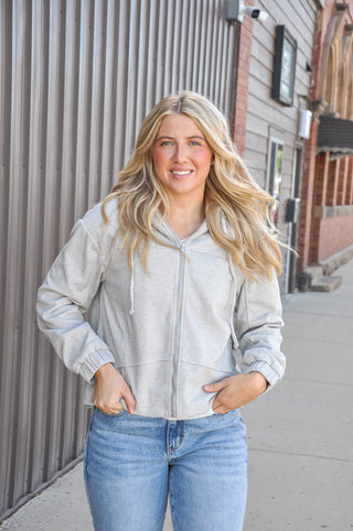 Light Grey Drawstring Zip-Up Hoodie Jacket