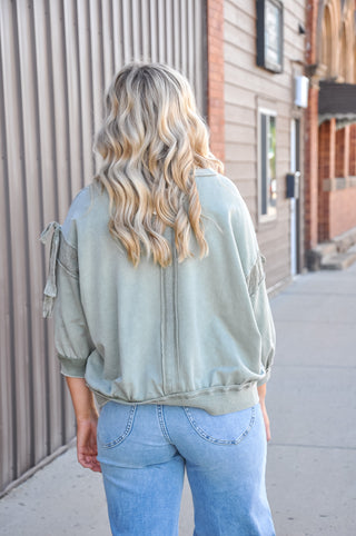 Light Olive Bow Appliqué Eyelet Lace Sweatshirt