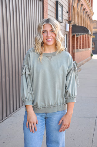 Light Olive Bow Appliqué Eyelet Lace Sweatshirt
