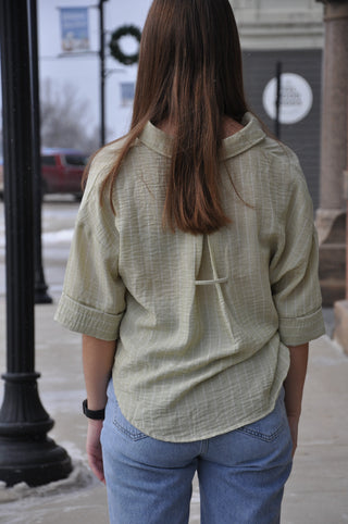 Light Olive Button Up SS Striped Top