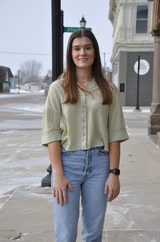 Light Olive Button Up SS Striped Top