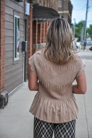 Linen Blend Smocked Peplum Blouse