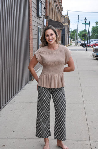 Linen Blend Smocked Peplum Blouse